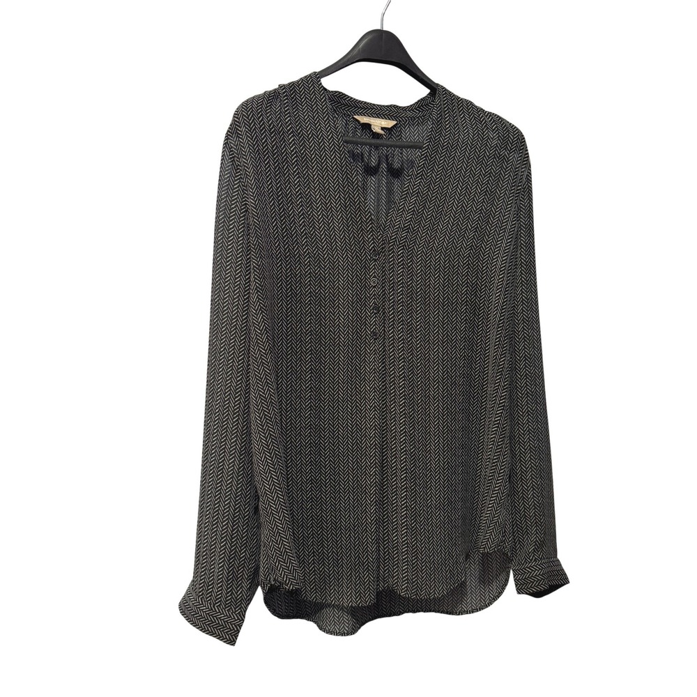 Banana Republic Womens Black White Herringbone V-Neck Button Front Blouse Medium